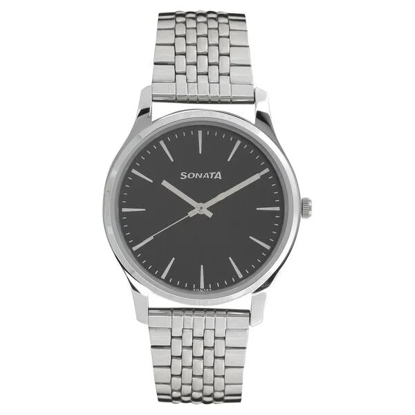 Sonata Quartz Analog Black Dial Stainless Steel Strap Watch for Men  77082sm01