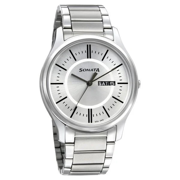 Sonata Quartz Analog with Day and Date Silver Dial Stainless Steel Strap Watch for Men  77082SM02W