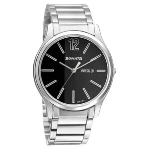 Sonata Quartz Analog with Day and Date Black Dial Watch for Men - 77082SM03W - KRISHNA WATCH COMPANY