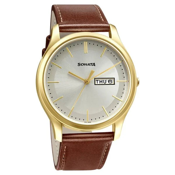 Sonata Quartz Analog with Day and Date Champagne Dial Leather Strap Watch for Men 77082yl06w - KRISHNA WATCH COMPANY
