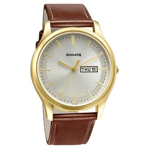 Sonata Quartz Analog with Day and Date Champagne Dial Leather Strap Watch for Men 77082yl06w - KRISHNA WATCH COMPANY