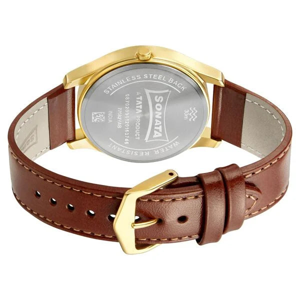 Sonata Quartz Analog with Day and Date Champagne Dial Leather Strap Watch for Men 77082yl06w - KRISHNA WATCH COMPANY