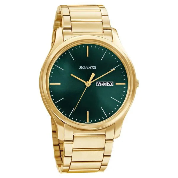 Sonata Quartz Analog with Day and Date Green Dial Stainless Steel Strap Watch for Men  77082ym05w