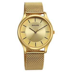 Sonata Quartz Analog Champagne Dial Watch for Men - 77082YM09 - KRISHNA WATCH COMPANY