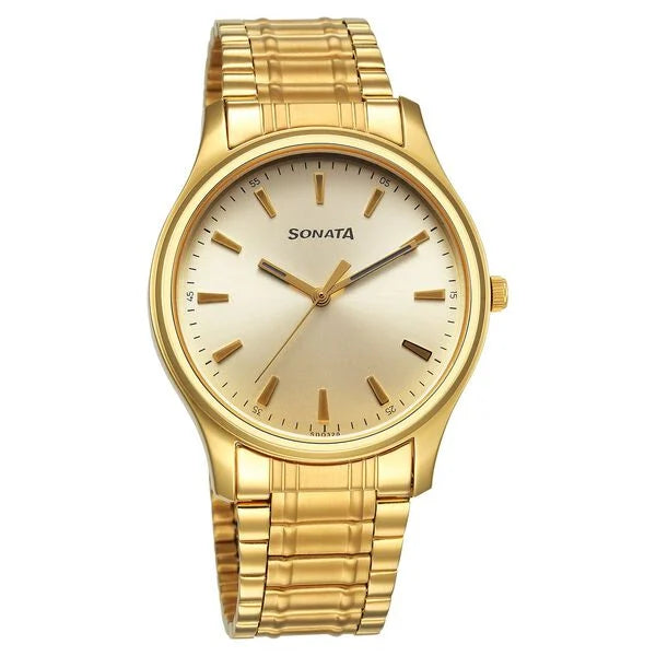 Sonata Traditional Essentials Quartz Analog Champagne Dial Stainless Steel Strap Watch for Men 77082ym11 - KRISHNA WATCH COMPANY
