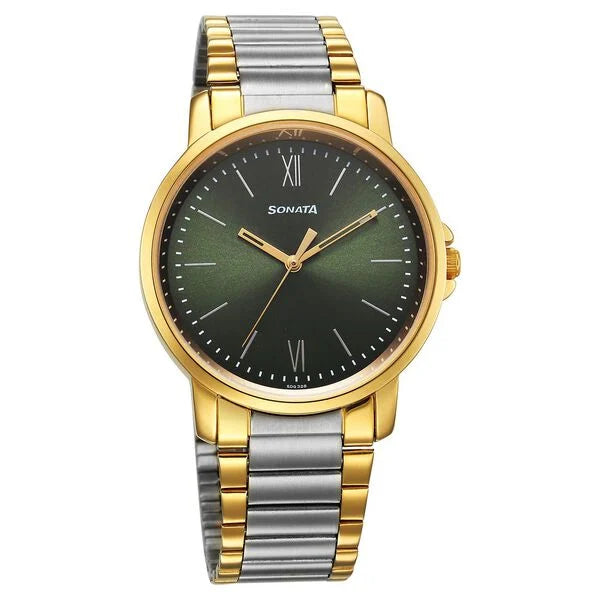 Sonata Traditional Essentials Quartz Analog Green Dial Stainless Steel Strap Watch for Men NT77083bm01