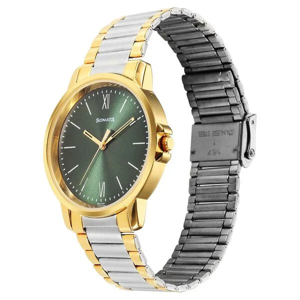 Sonata Traditional Essentials Quartz Analog Green Dial Watch for Men - 77083BM01
