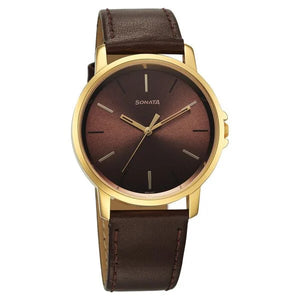 Sonata Traditional Essentials Quartz Analog Brown Dial Leather Strap Watch for Men 77083yl05 - KRISHNA WATCH COMPANY