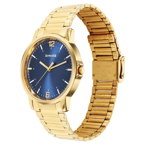 Sonata Traditional Essentials Quartz Analog Blue Dial Stainless Steel Strap Watch for Men 77083ym08