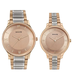 Sonata Modern Bandhan Quartz Analog Pink Dial Stainless Steel Strap Watch for Couple 7710587050km02 - KRISHNA WATCH COMPANY