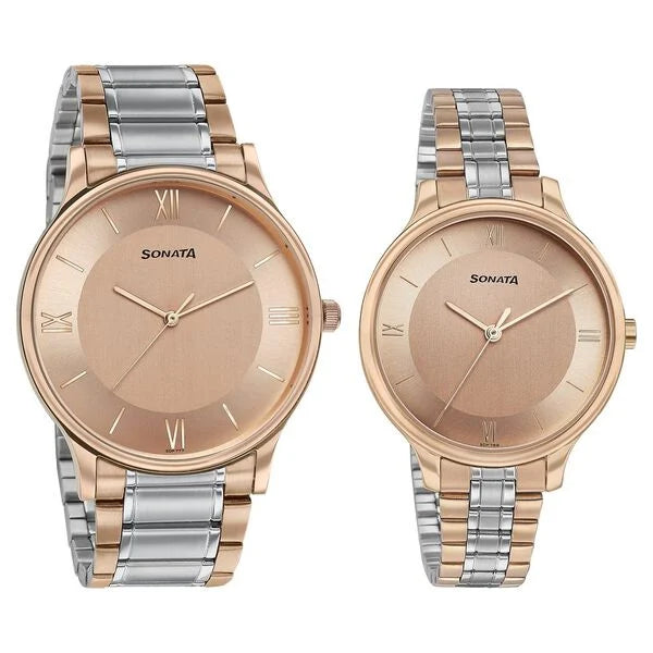 Sonata Modern Bandhan Quartz Analog Pink Dial Stainless Steel Strap Watch for Couple 7710587050km02