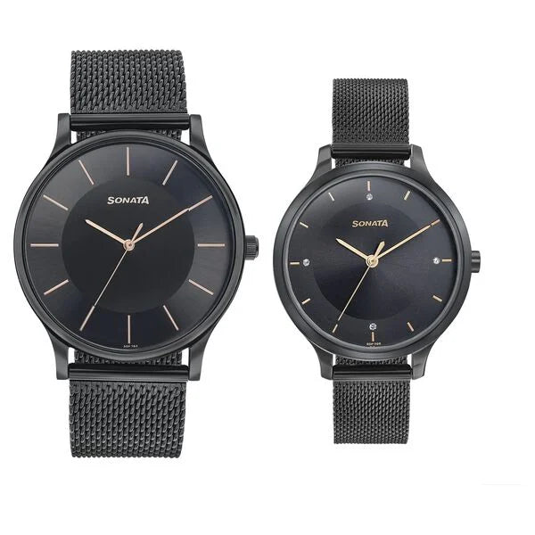 Sonata Modern Bandhan Quartz Analog Black Dial Watch for Couple - 7710587050NM02