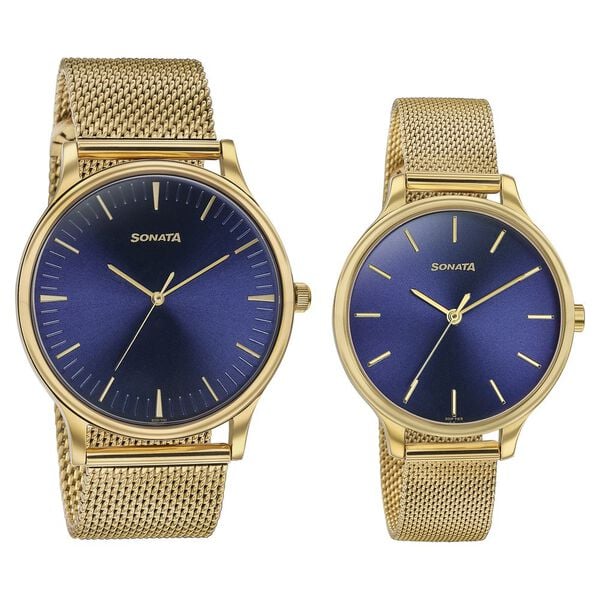 Sonata Modern Bandhan Quartz Analog Blue Dial Stainless Steel Strap Watch for Couple 7710587050ym03