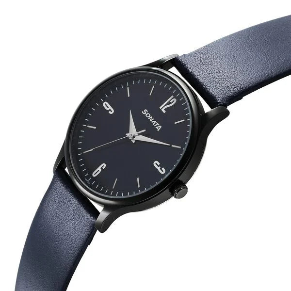 Sonata Aspire Quartz Analog Blue Dial Leather Strap Watch for Men 77105nl11w - KRISHNA WATCH COMPANY