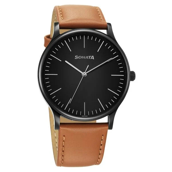 Sonata Aspire Quartz Analog Black Dial Leather For Men - 77105NL15 - KRISHNA WATCH COMPANY