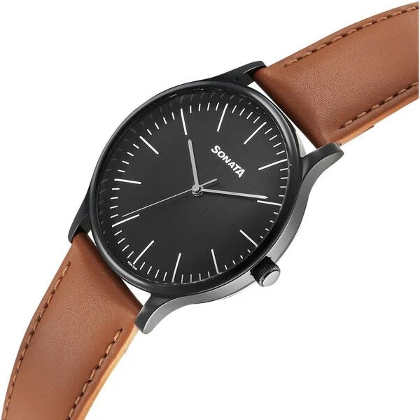 Sonata Aspire Quartz Analog Black Dial Leather For Men - 77105NL15 - KRISHNA WATCH COMPANY