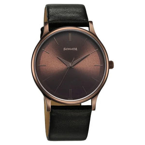 Sonata Aspire Quartz Analog Brown Dial Leather Strap Watch for Men - 77105QL05W - KRISHNA WATCH COMPANY