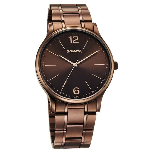 Sonata Aspire Quartz Analog Brown Dial Stainless Steel Strap Watch For Men 77105qm06w