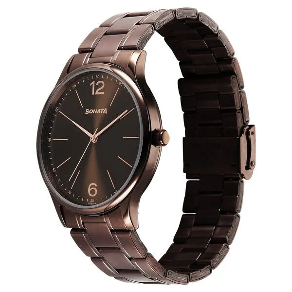 Sonata Aspire Quartz Analog Brown Dial Stainless Steel Strap Watch For Men 77105qm06w
