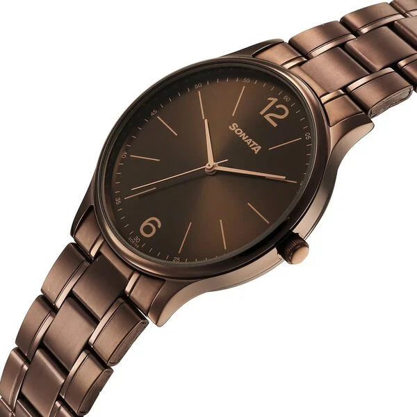 Sonata Aspire Quartz Analog Brown Dial Stainless Steel Strap Watch For Men 77105qm06w