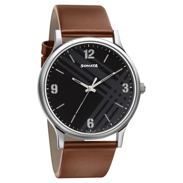 Sonata Smart Plaid Quartz Analog Watch for Men - 77105SL02W - KRISHNA WATCH COMPANY