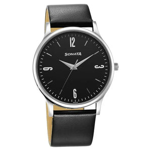 Sonata Aspire Quartz Analog Black Dial Leather Strap Watch for Men 77105sl14w - KRISHNA WATCH COMPANY
