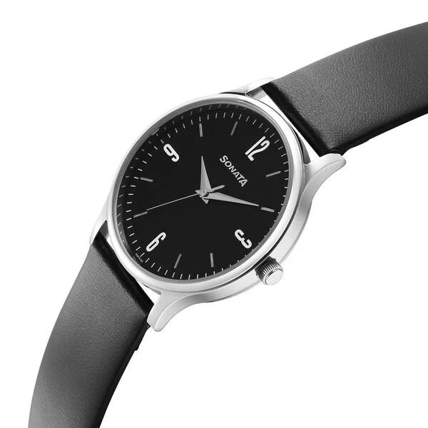 Sonata Aspire Quartz Analog Black Dial Leather Strap Watch for Men 77105sl14w - KRISHNA WATCH COMPANY