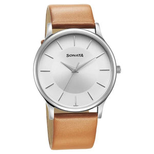 Sonata Aspire Quartz Analog Silver Dial Leather Strap Watch for Men 77105sl16w - KRISHNA WATCH COMPANY