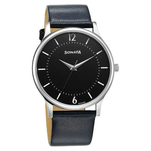 Sonata Aspire Quartz Analog Black Dial Leather Strap Watch for Men - 77105SL18W - KRISHNA WATCH COMPANY