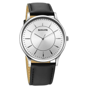 Sonata Aspire Quartz Analog Silver Dial Leather Strap Watch For Men 77105SL21W_P - KRISHNA WATCH COMPANY