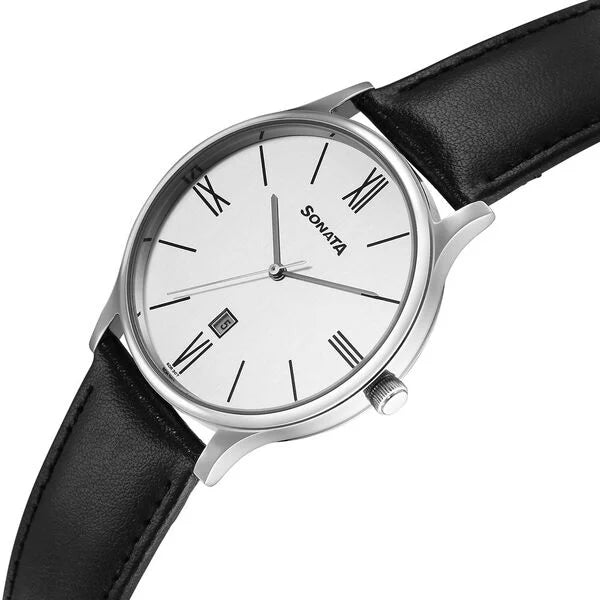 Sonata Aspire Quartz Analog with Day and Date White Dial Leather Strap Watch For Men 77105sl22w - KRISHNA WATCH COMPANY