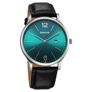 Sonata Aspire Quartz Analog with Date Green Dial Leather Strap Watch For Men 77105sl23w - KRISHNA WATCH COMPANY