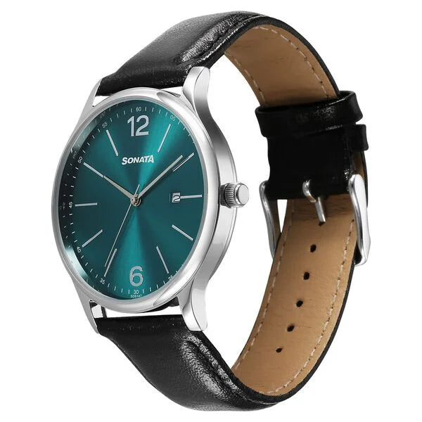 Sonata Aspire Quartz Analog with Date Green Dial Leather Strap Watch For Men 77105sl23w