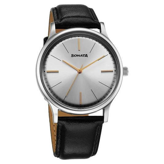 Sonata Aspire Quartz Analog Silver Dial Leather Strap Watch For Men 77105sl25w