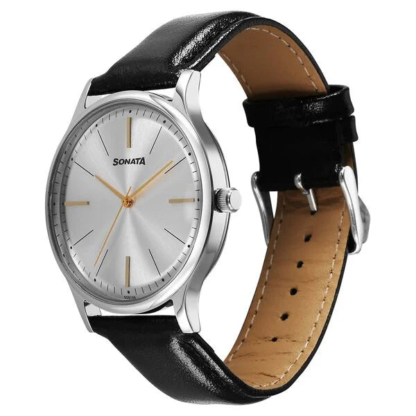 Sonata Aspire Quartz Analog Silver Dial Leather Strap Watch For Men 77105sl25w