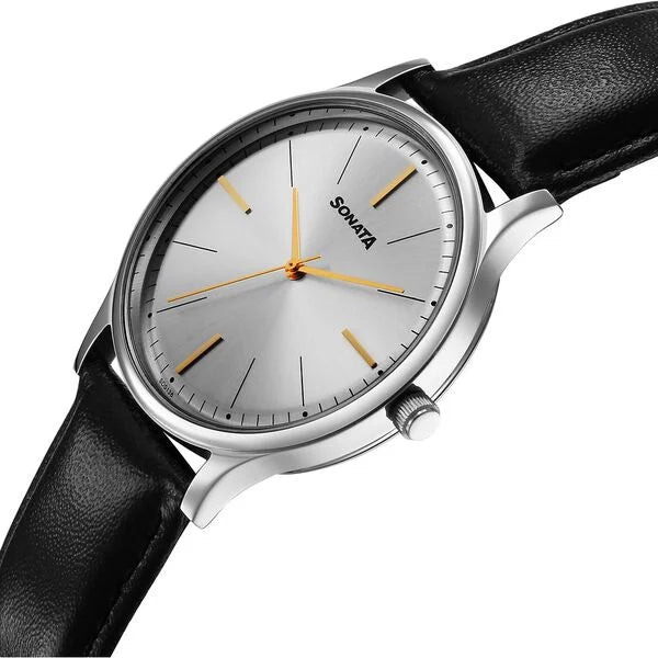 Sonata Aspire Quartz Analog Silver Dial Leather Strap Watch For Men 77105sl25w