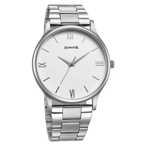 Sonata Aspire Quartz Analog White Dial Watch for Men - 77105SM12W