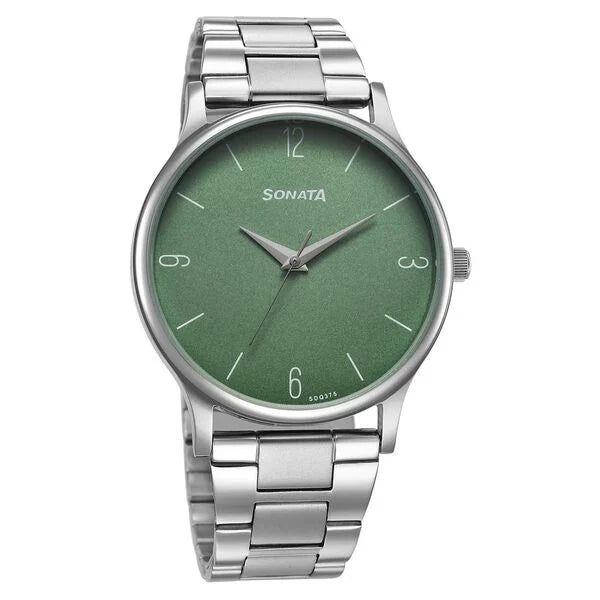 Sonata Aspire Quartz Analog Green Dial Stainless Steel Strap Watch for Men 77105SM13