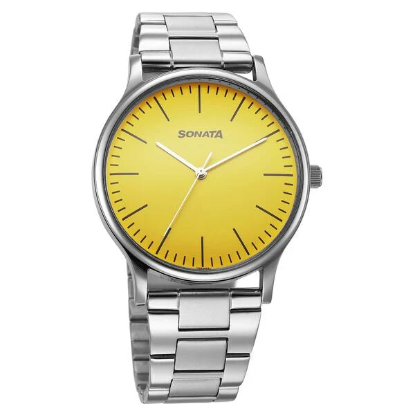 Sonata Aspire Quartz Analog Yellow Dial Stainless Steel Strap Watch For Men 77105sm16w - KRISHNA WATCH COMPANY