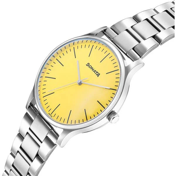 Sonata Aspire Quartz Analog Yellow Dial Stainless Steel Strap Watch For Men 77105sm16w - KRISHNA WATCH COMPANY