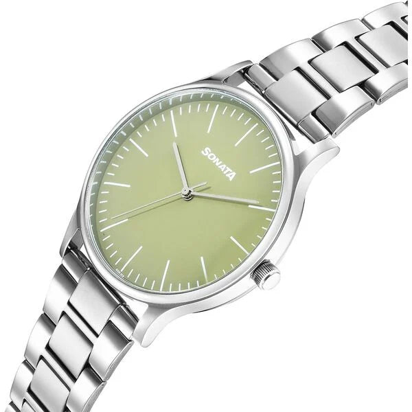 Sonata Aspire Quartz Analog Green Dial Stainless Steel Strap Watch For Men 77105SM20W