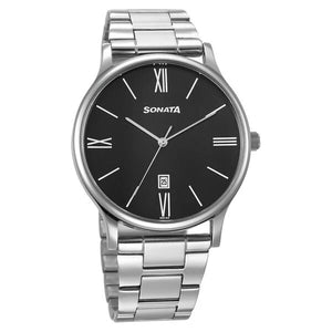 Sonata Aspire Quartz Analog with Date Black Dial Stainless Steel Strap Watch For Men 77105sm21w - KRISHNA WATCH COMPANY