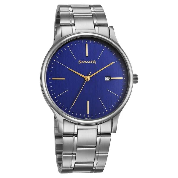 Sonata Aspire Quartz Analog with Date Blue Dial Stainless Steel Strap Watch For Men 77105sm27w