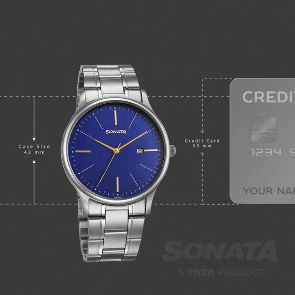 Sonata Aspire Quartz Analog with Date Blue Dial Stainless Steel Strap Watch For Men 77105sm27w