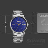 Sonata Aspire Quartz Analog with Date Blue Dial Stainless Steel Strap Watch For Men 77105sm27w