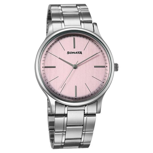 Sonata Aspire Quartz Analog Pink Dial Stainless Steel Strap Watch For Men 77105sm28w