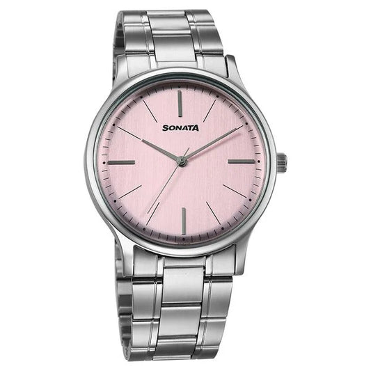 Sonata Aspire Quartz Analog Pink Dial Stainless Steel Strap Watch For Men 77105sm28w