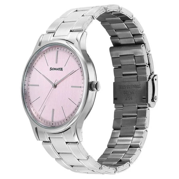 Sonata Aspire Quartz Analog Pink Dial Stainless Steel Strap Watch For Men 77105sm28w