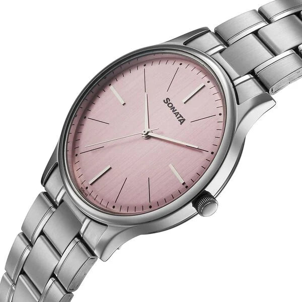 Sonata Aspire Quartz Analog Pink Dial Stainless Steel Strap Watch For Men 77105sm28w