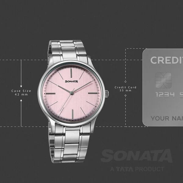 Sonata Aspire Quartz Analog Pink Dial Stainless Steel Strap Watch For Men 77105sm28w